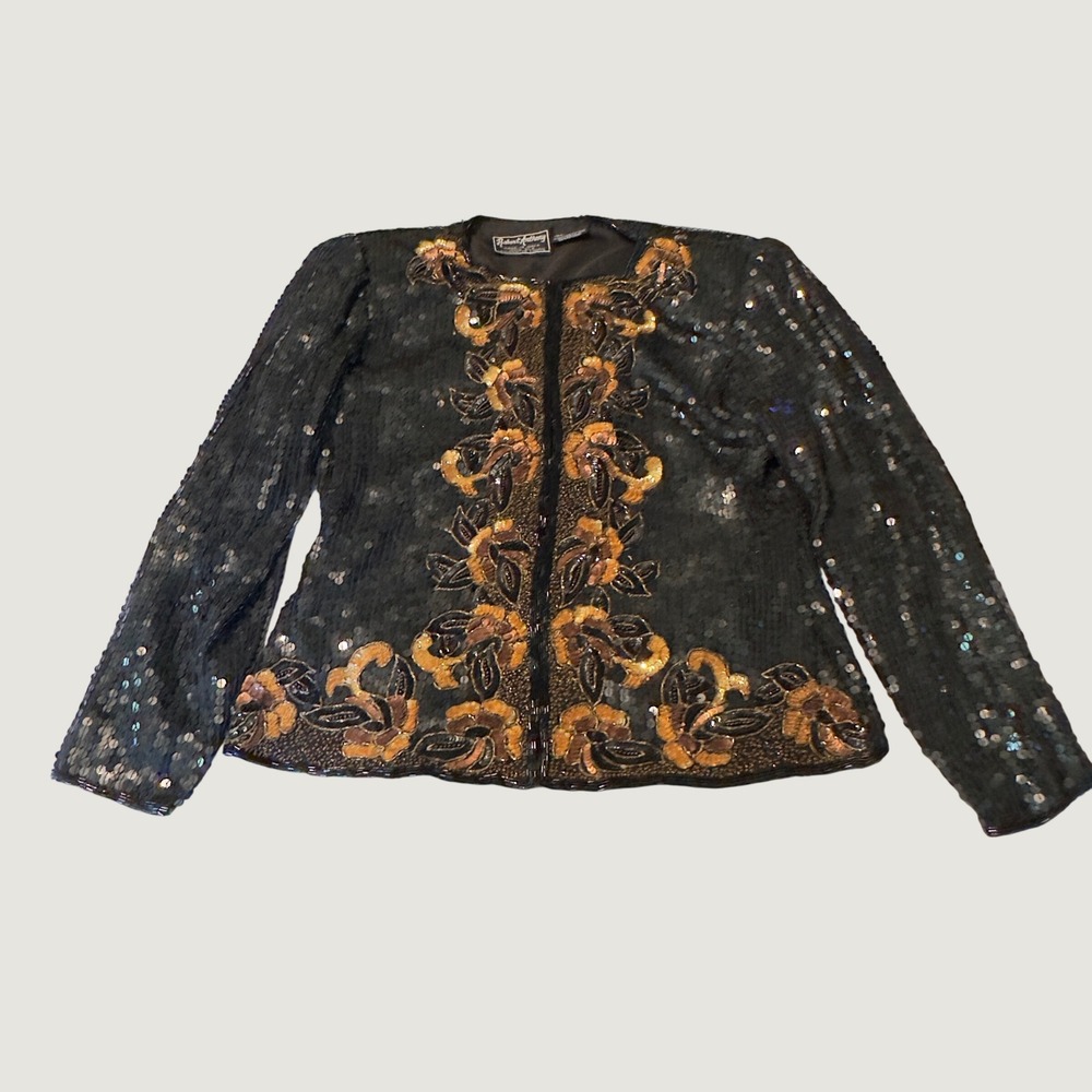 Robert Anthony Vintage Black Sequin Beaded Silk Floral Evening Jacket M